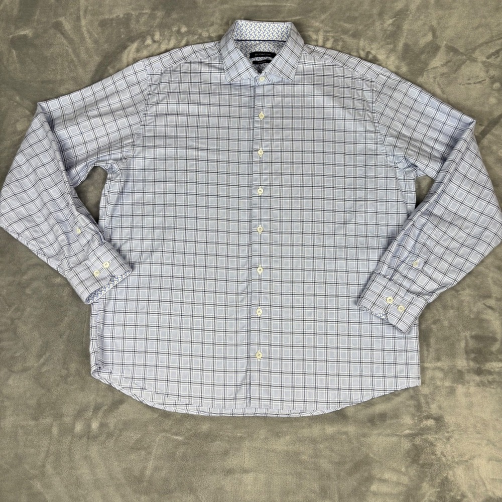 Bugatchi Classic Fit Blue‎ Plaid Long Sleeve Button Down Dress Men's Shirt XL